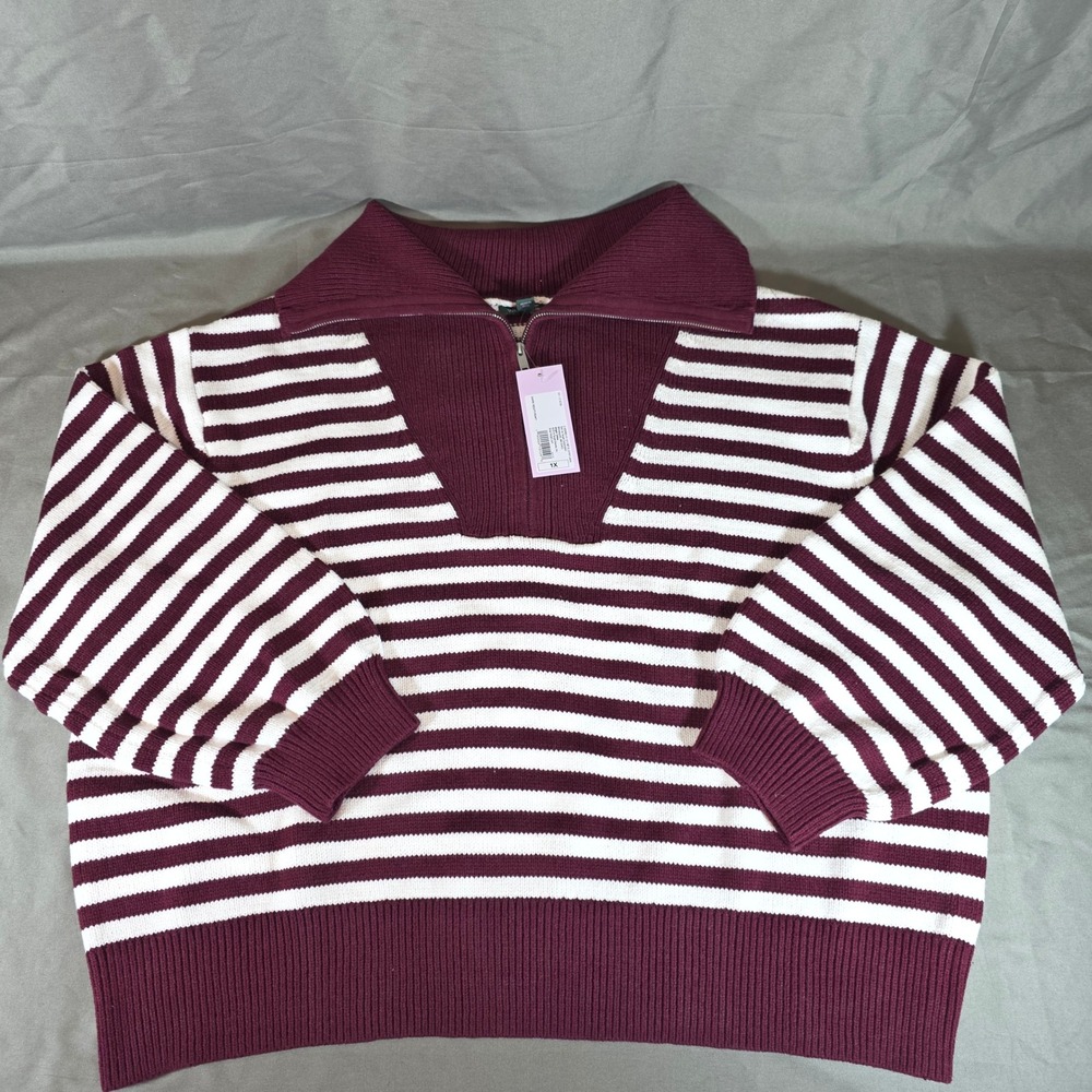 Wild Fable Womens 1X Dark Red White Striped Quarter Zip Sweater NWT